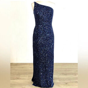 SCALA Vintage 100% Silk GORGEOUS Navy One Shoulder Beaded & Sequin Gown Size XL
